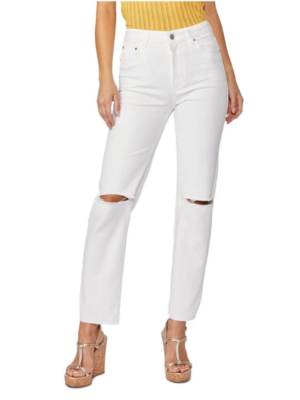 PAIGE Women's White Stella High Rise Straight Leg Jeans Distressed